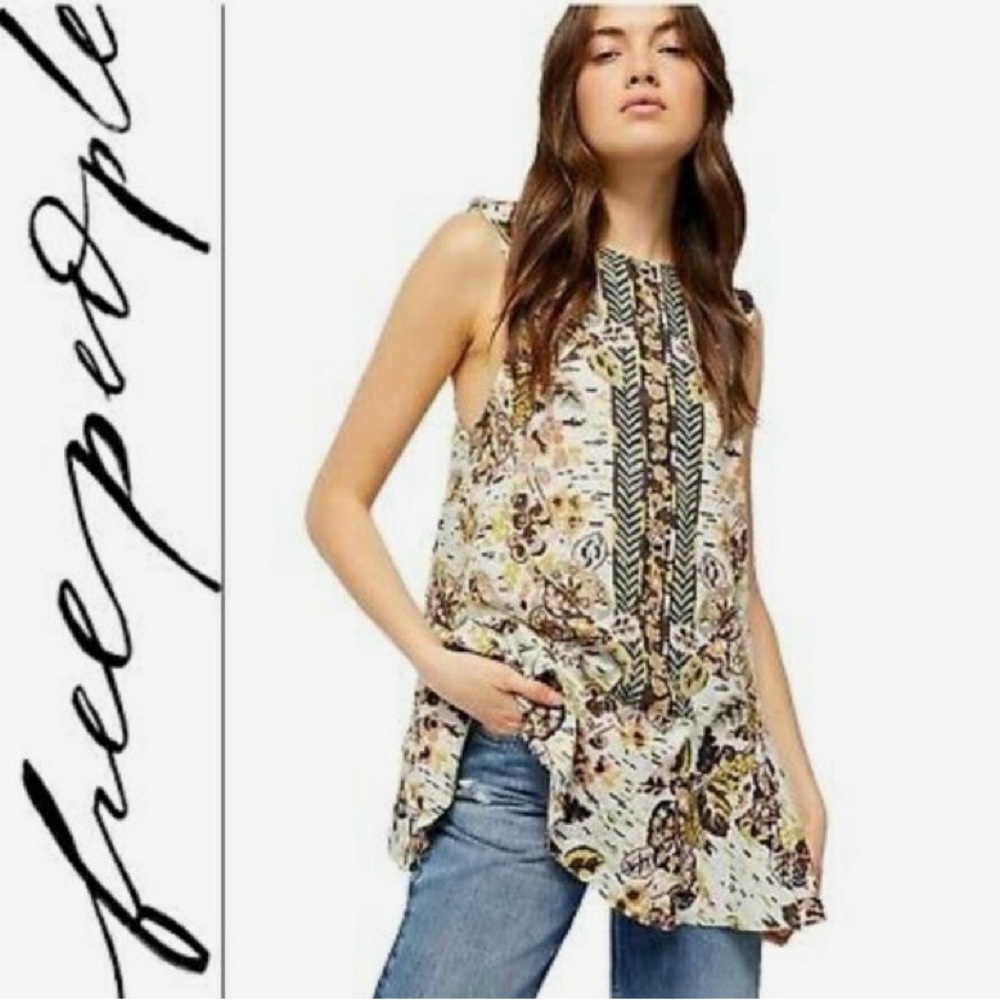 Free People Linen Blue Floral Ruffle Top Size Small